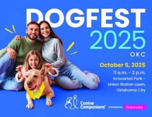 A joyful family, including a man, a woman, a girl, and a dog, smiles at the camera against a bright blue background. The dog wears a yellow bandana that reads 'Dogfest 2025.' The event details are also displayed, including the date, time, and location in Oklahoma City.