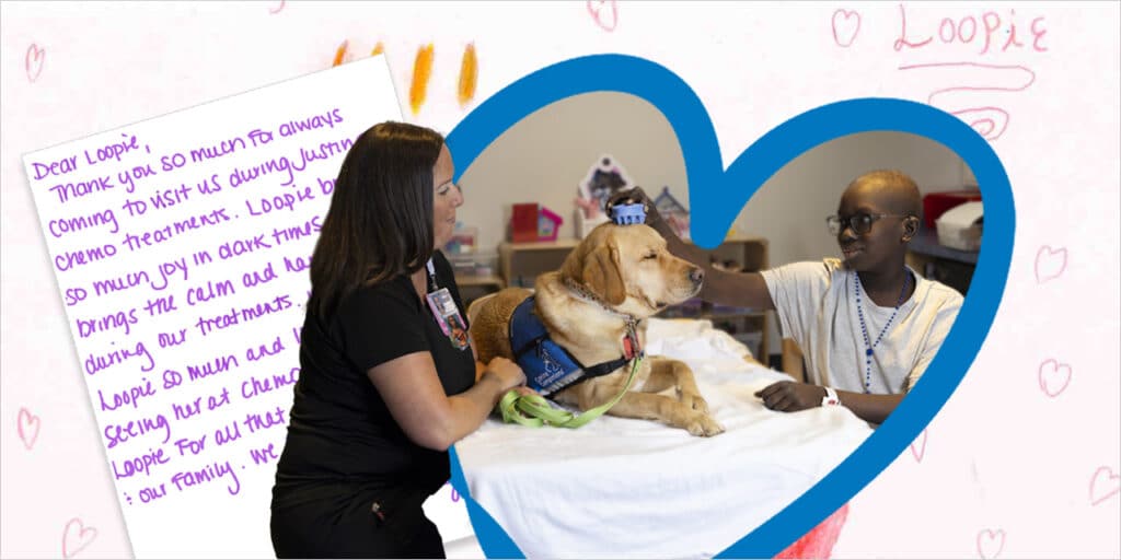 a woman watching a boy brushing a Labrador’s head; outline of a heart that surrounds the image; background photo of a letter and hand drawn hearts