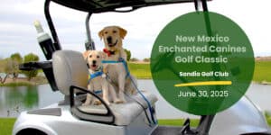 Two yellow Labrador retrievers sitting in the passenger seat of a golf cart overlooking a serene pond with ducks, surrounded by trees and greenery, promoting the New Mexico Enchanted Canines Golf Classic at Sandia Golf Club on June 30, 2025.