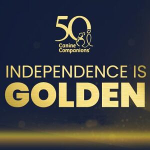 "50 Canine Companions: Independence is Golden" in gold text on a dark background.