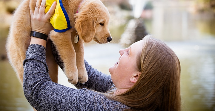 A woman smiles as she lifts a Golden Retriever puppy wearing a yellow and blue vest, bringing their faces close together.