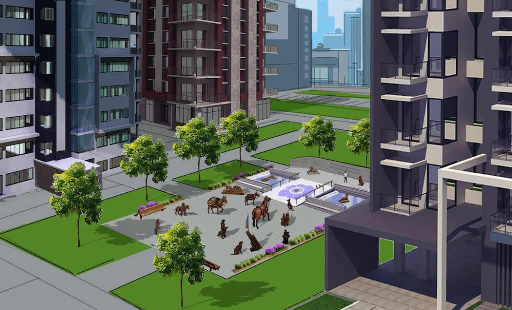 A modern urban park featuring green lawns, trees, and benches, surrounded by tall buildings. The park includes a central area with artistic sculptures and water features, with a few people present. The setting is bright and vibrant, indicating a lively city space.