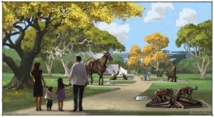 A family strolls through a park with vibrant autumn trees, passing by various sculptures including a horse, a soldier with a dog, and several dog sculptures. The scene includes couples walking with children and a dog, creating a lively atmosphere.