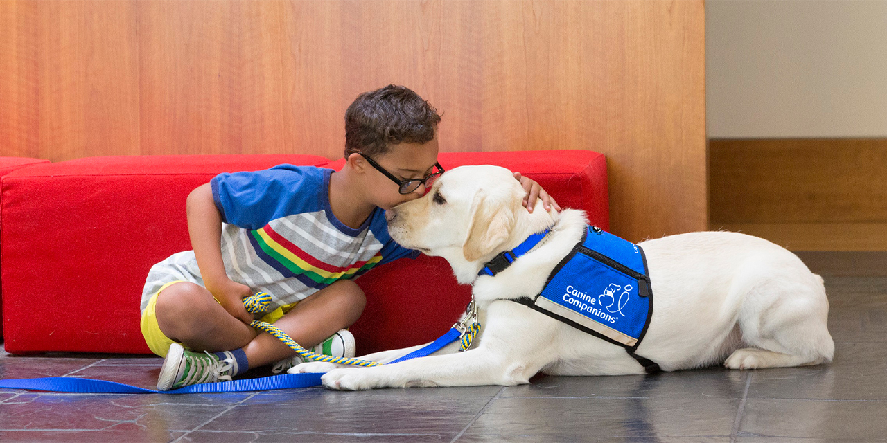 child sitting on the ground next to canine companions skilled service dog laying on the floor besides him
